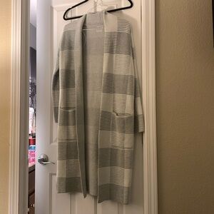 White and grey long soft cardigan sweater